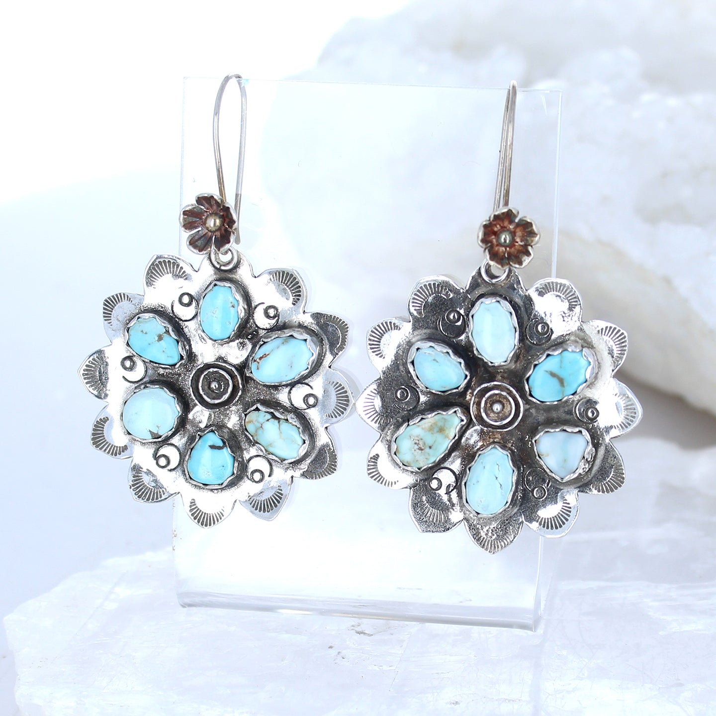 Unique Rare DRY CREEK Turquoise Mandala Flower Earrings Sterling -NewWorldGems