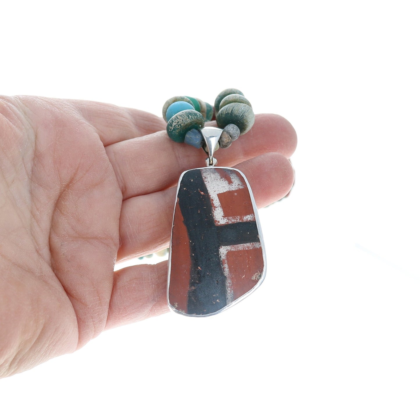 Djenne Ancient Blue Glass Beads Necklace With Anasazi Pottery Pendant -NewWorldGems