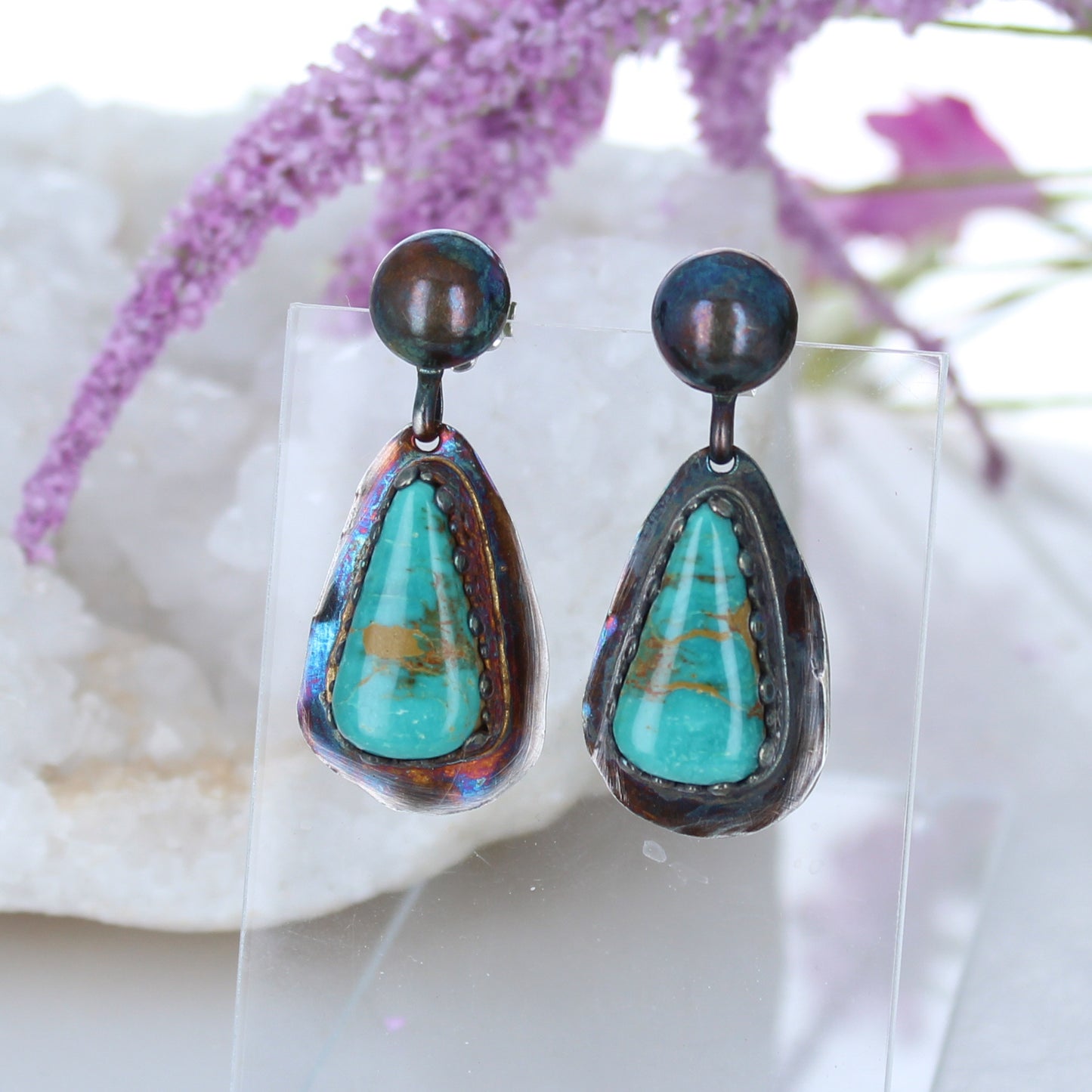 Royston Turquoise Earrings Emerald Green Golden Rainbow Oxidized -NewWorldGems