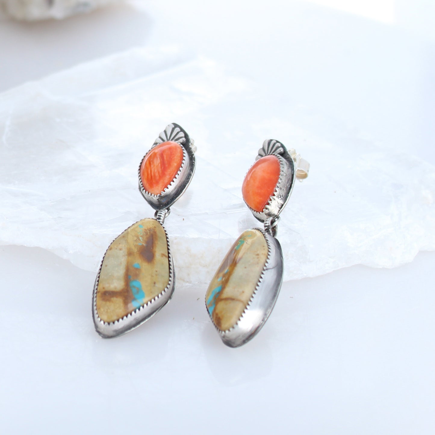 Dramatic Royston Turquoise Orange Spiny Oyster Earrings Southwest -NewWorldGems
