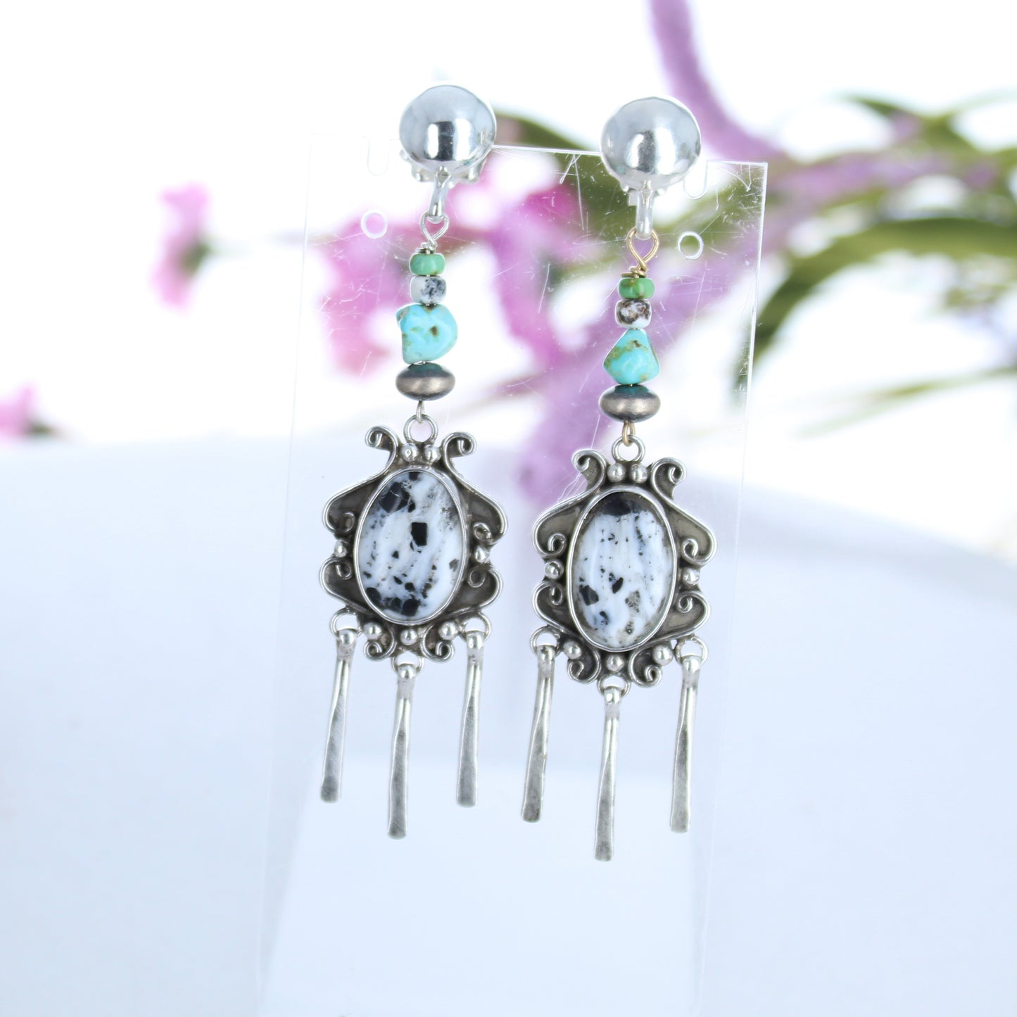 Rare White Buffalo Turquoise Earrings Sterling Scroll Design with Lone Mountain -NewWorldGems