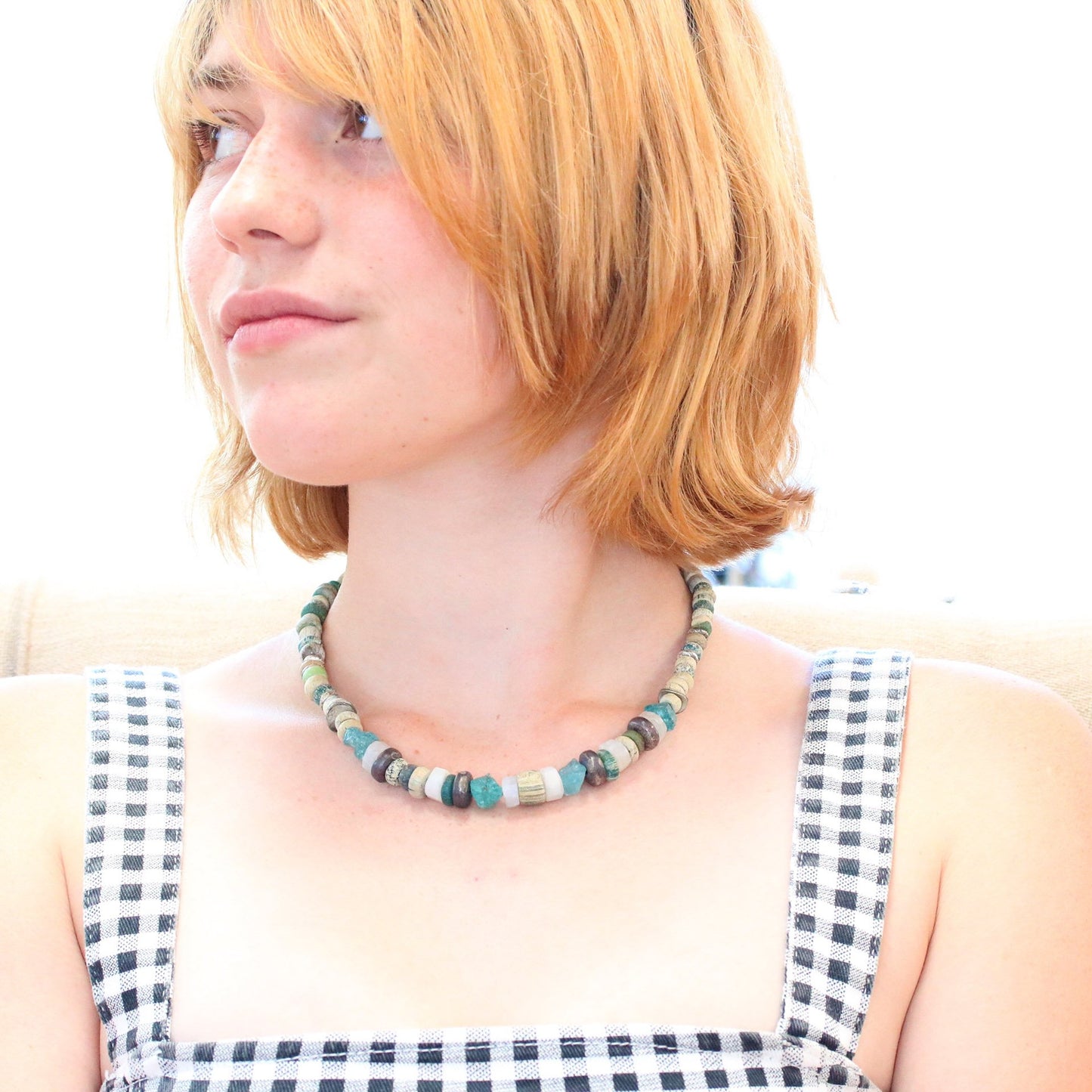 Ancient Mali Dig Beads Necklace Sterling And Apatite, -NewWorldGems