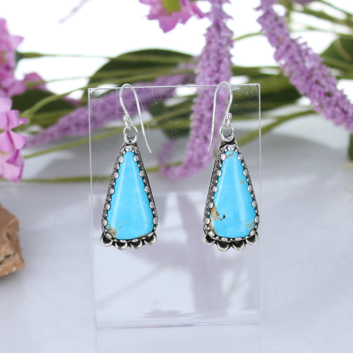 Beautiful Sky Blue Kingman Turquoise Earrings Long Teardrops with Moon Design -NewWorldGems