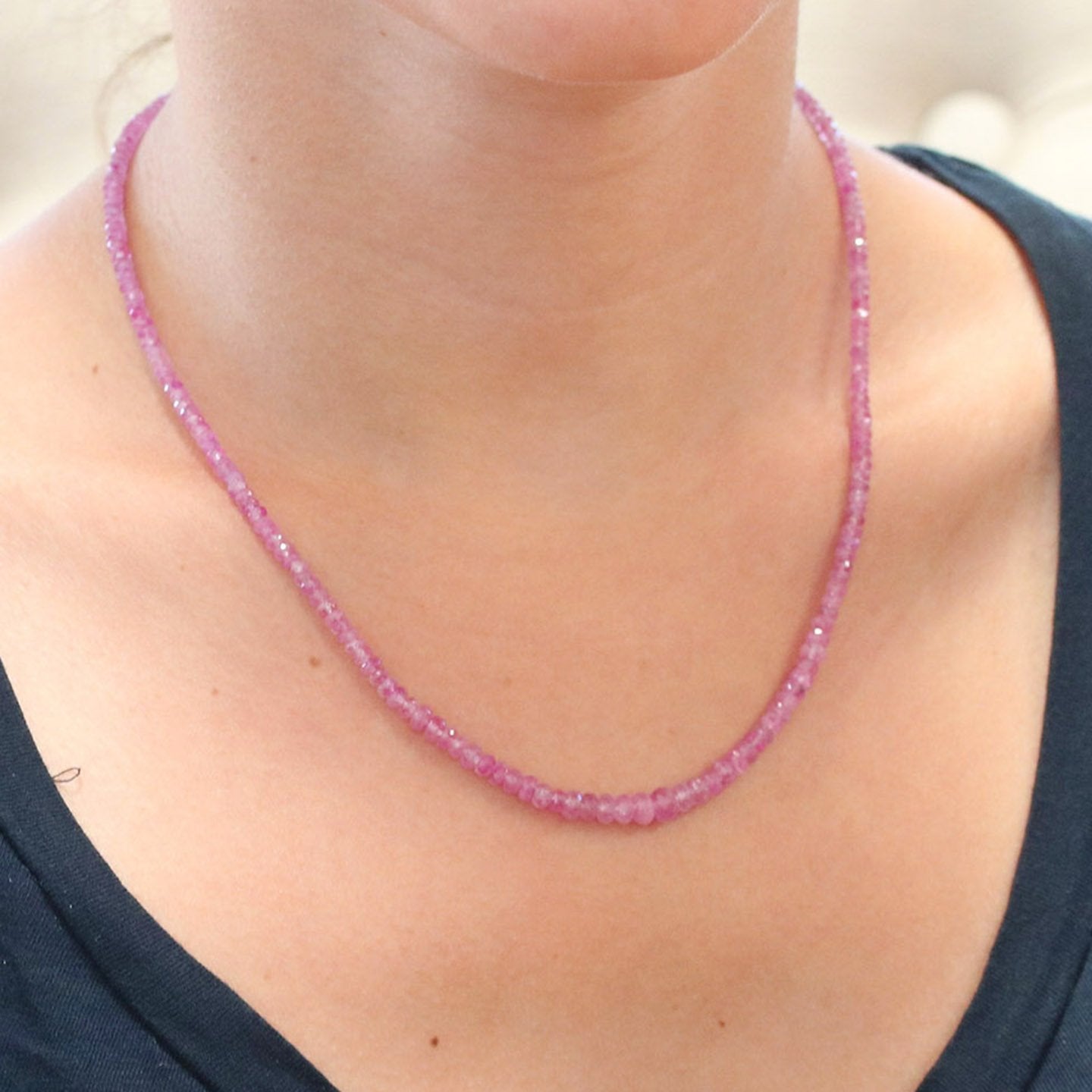 Vibrant Pink Genuine Ruby Faceted Rondelle Necklace -NewWorldGems