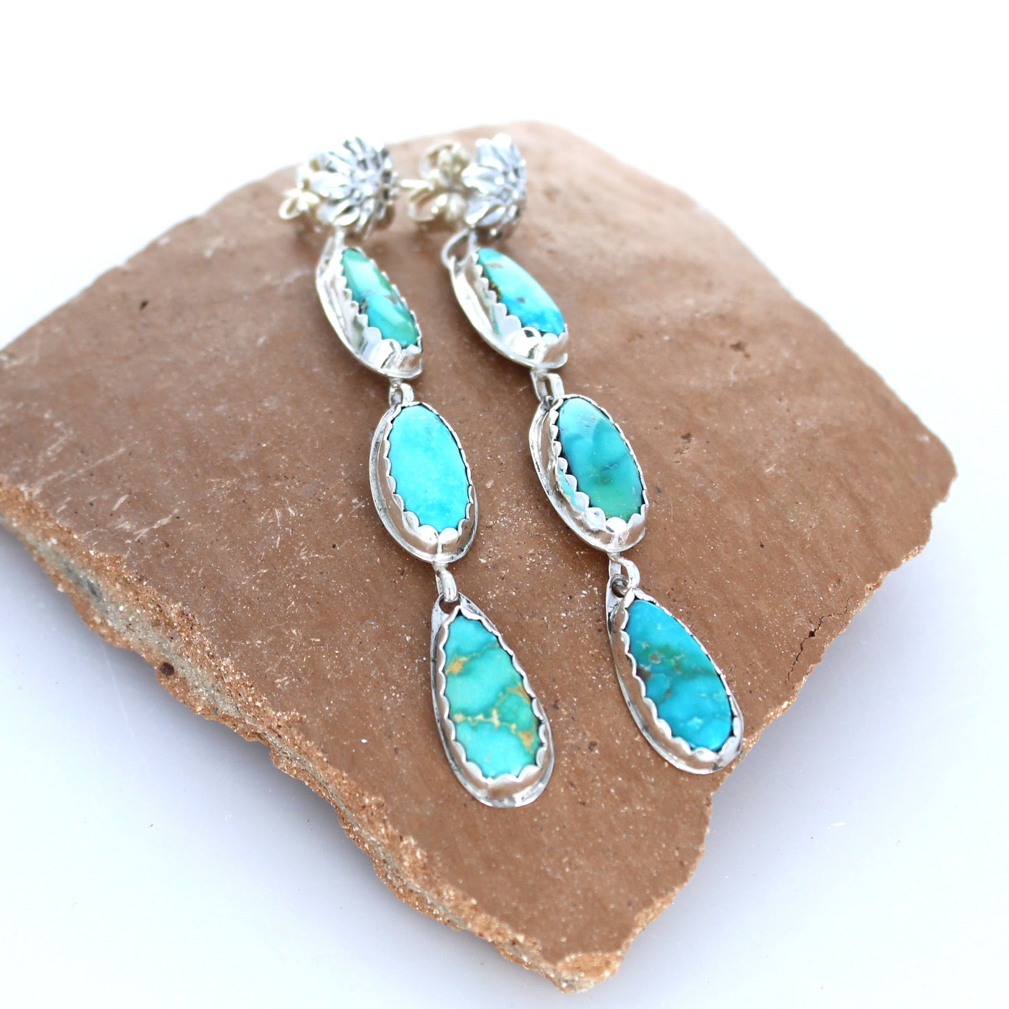 Emerald Valley Turquoise Earrings 3 Stone Dangles Floral Post -NewWorldGems