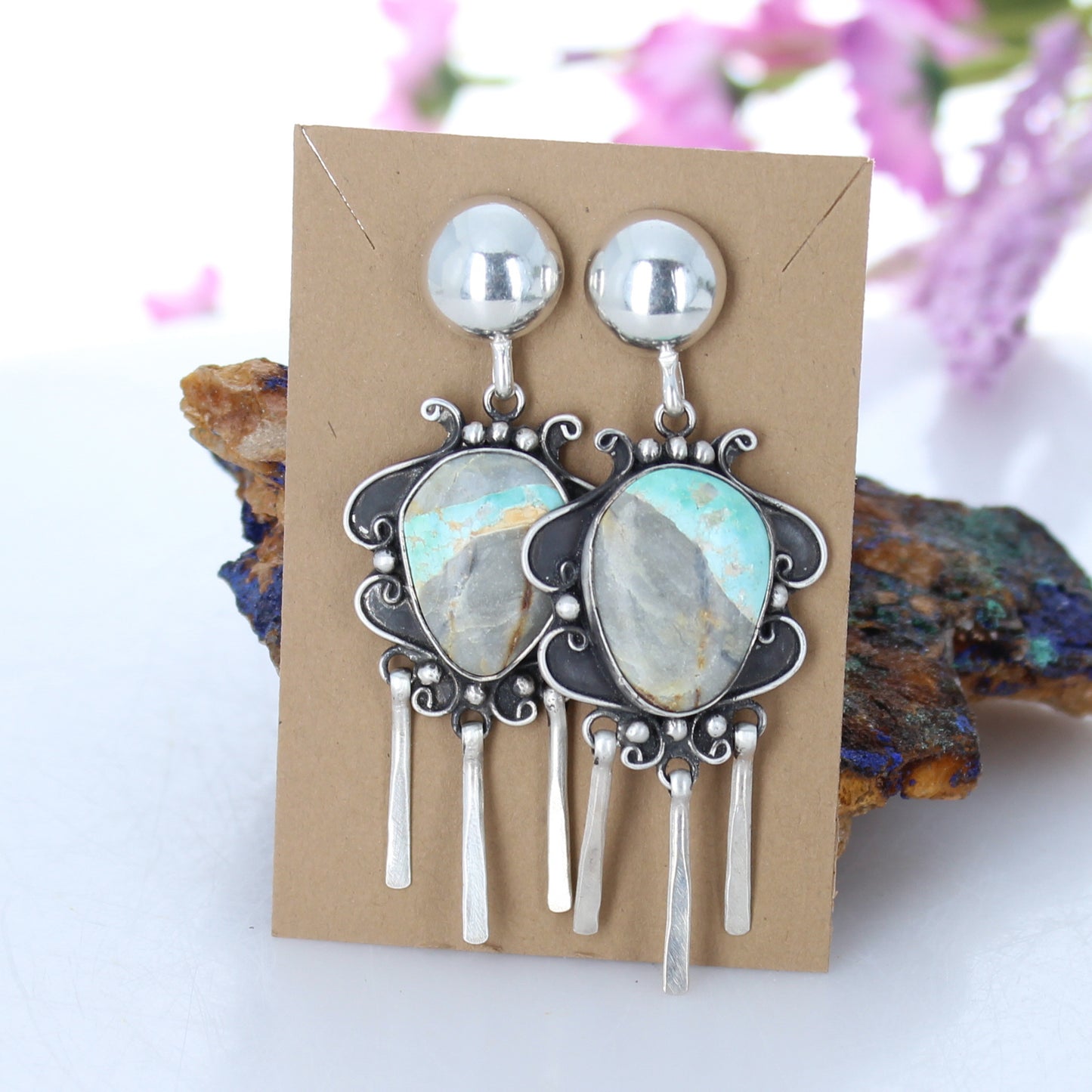 Pastel Royston Turquoise Scroll Earrings Sterling Blue Golden -NewWorldGems