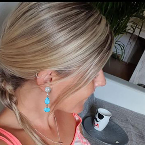 Blue Bird Nevada Turquoise Sterling Earrings 2 Stone Dangles -NewWorldGems