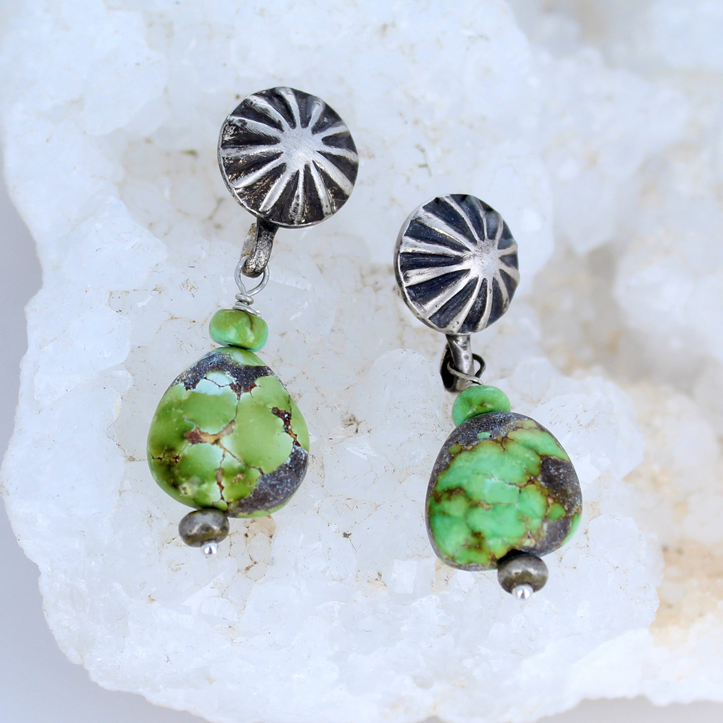 Sonoran Gold Turquoise Teardrop Earrings Sunburst Sterling -NewWorldGems
