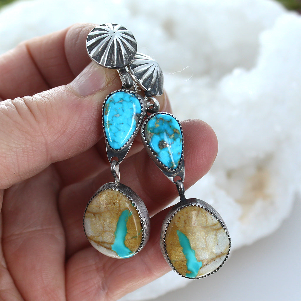Royston Mine Earrings Elongated Ovals Southwest 2 Stone 2.5" -NewWorldGems
