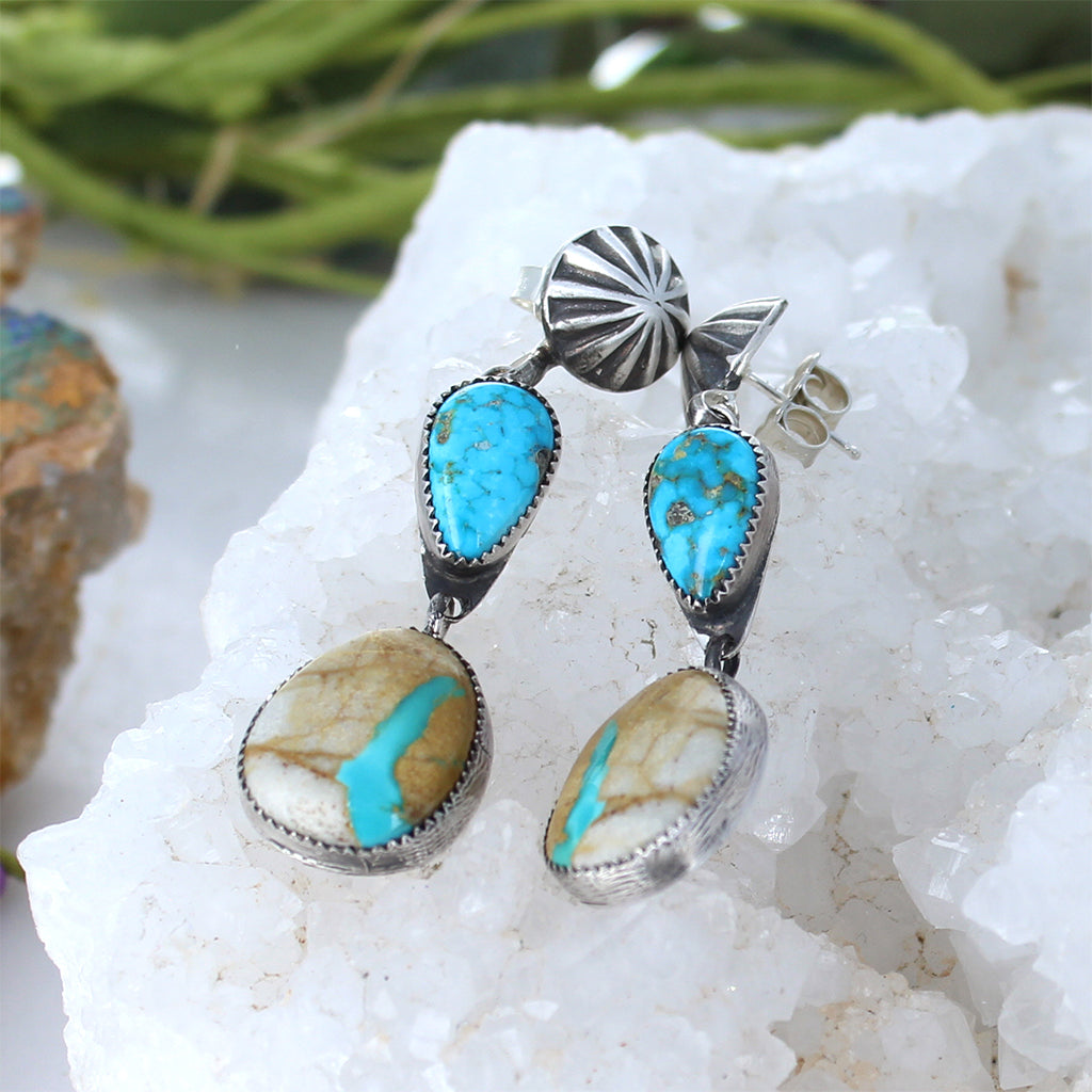 Royston Mine Earrings Elongated Ovals Southwest 2 Stone 2.5" -NewWorldGems
