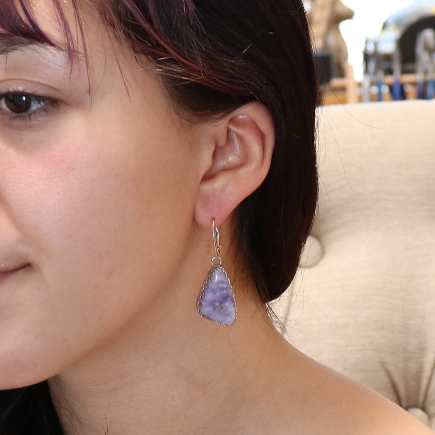 Lavender Mexican Opal Earrings Sterling Triangle Shaped #2 -NewWorldGems