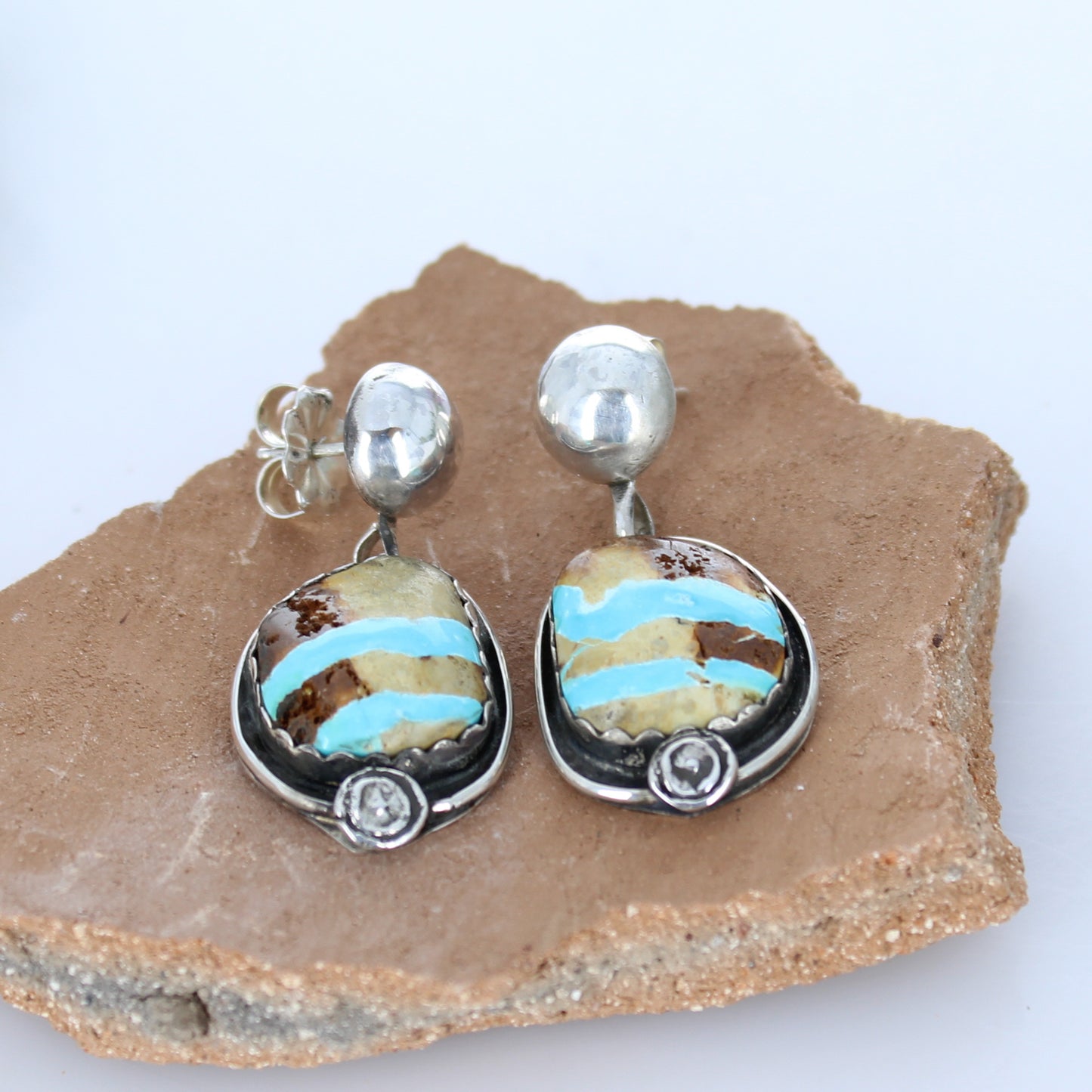 Royston Mine Earrings Elongated Free Form Southwest Sterling -NewWorldGems