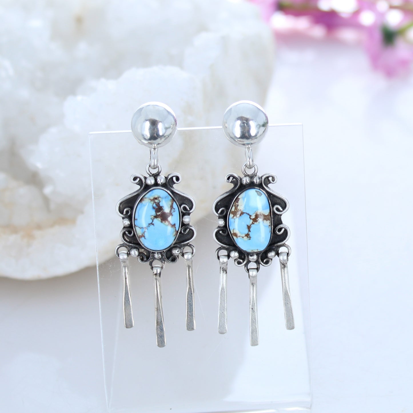 KAZKHASTAN TURQUOISE Scroll Earrings Sterling Blue Golden -NewWorldGems
