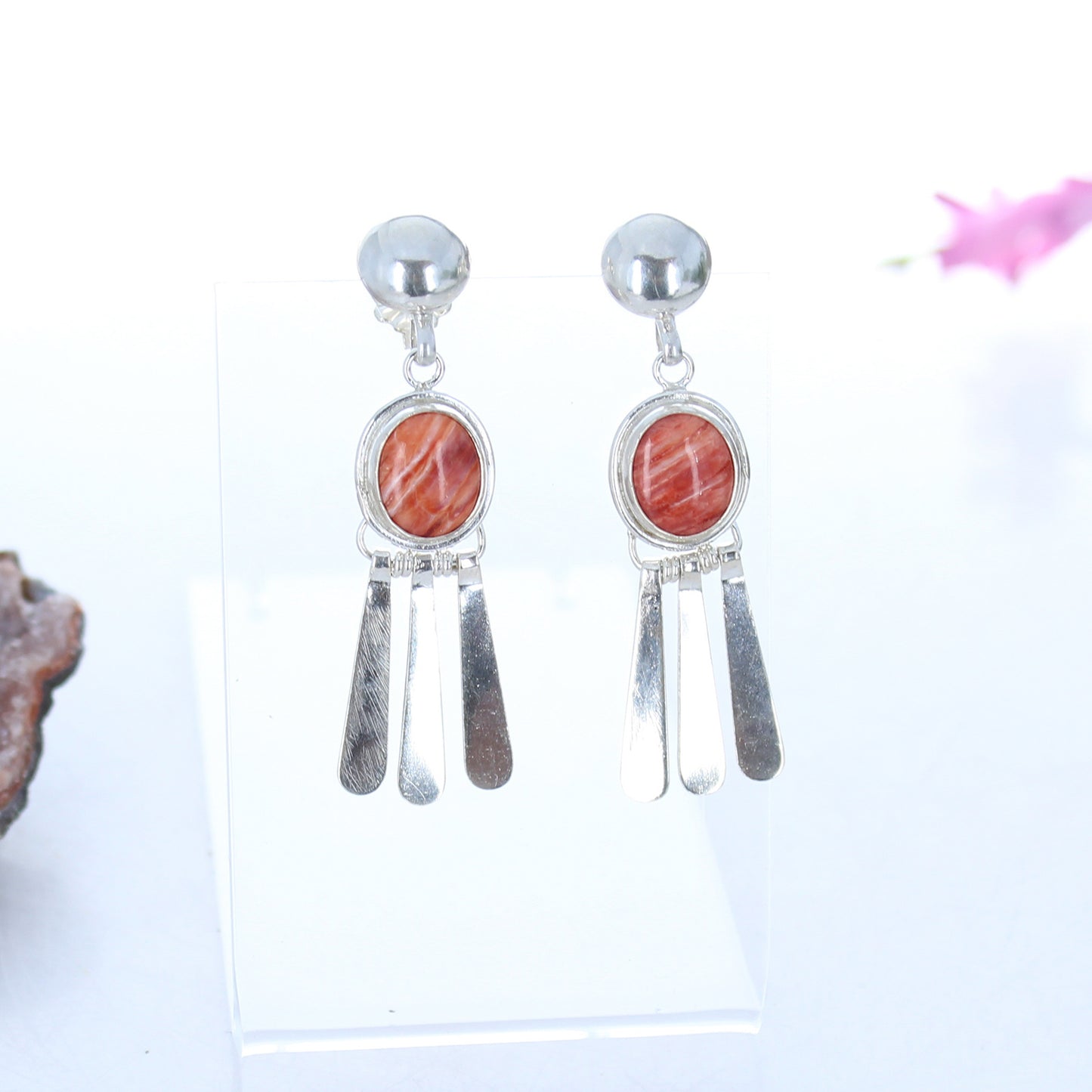 Orange Spiny Oyster Earrings Dangles Sterling Silver -NewWorldGems