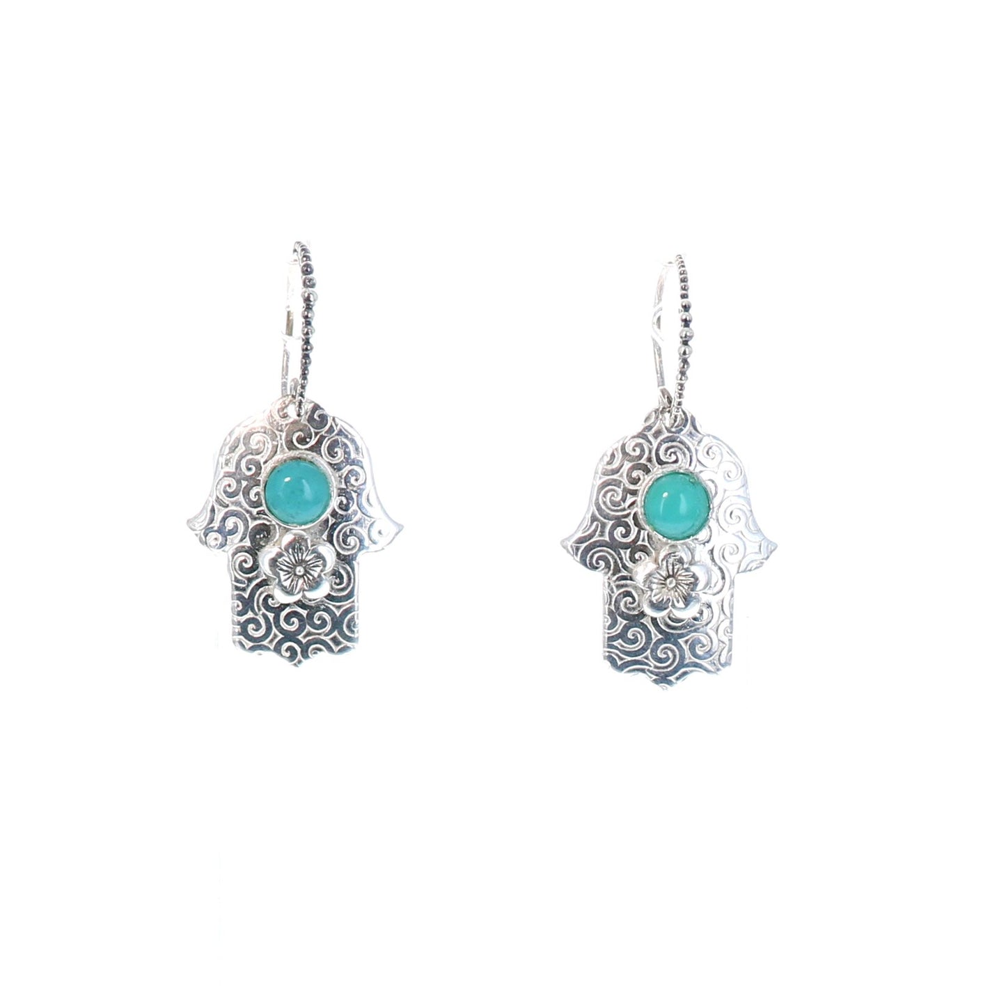 Hamsa Earrings Patterned Sterling Silver And Gem Silica Hoops -NewWorldGems