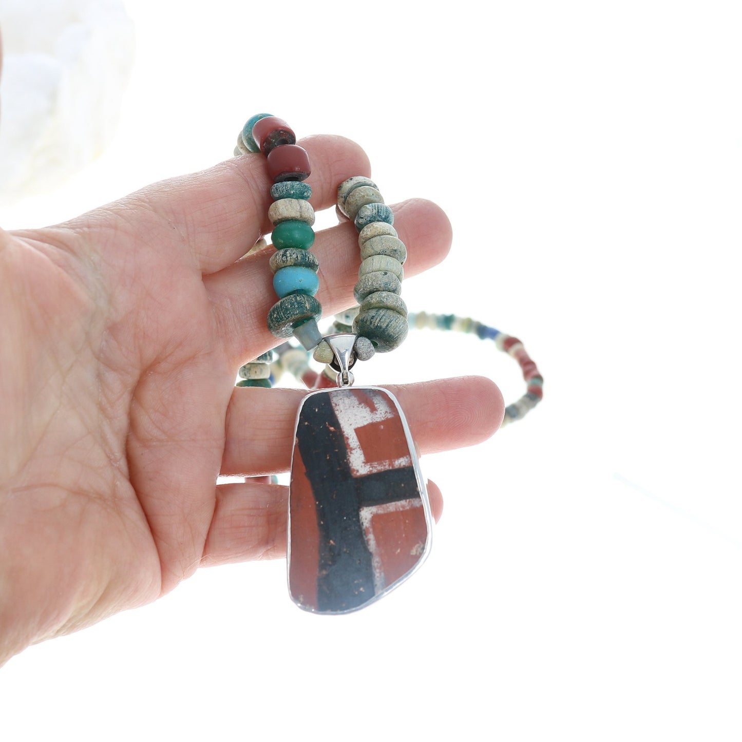 Djenne Ancient Blue Glass Beads Necklace With Anasazi Pottery Pendant -NewWorldGems