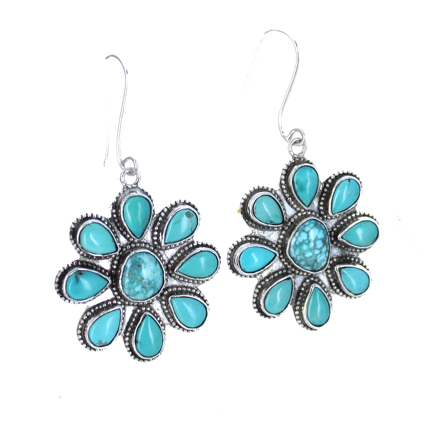 White Water Turquoise Flower Earrings Sterling Southwest 9 Stones -NewWorldGems