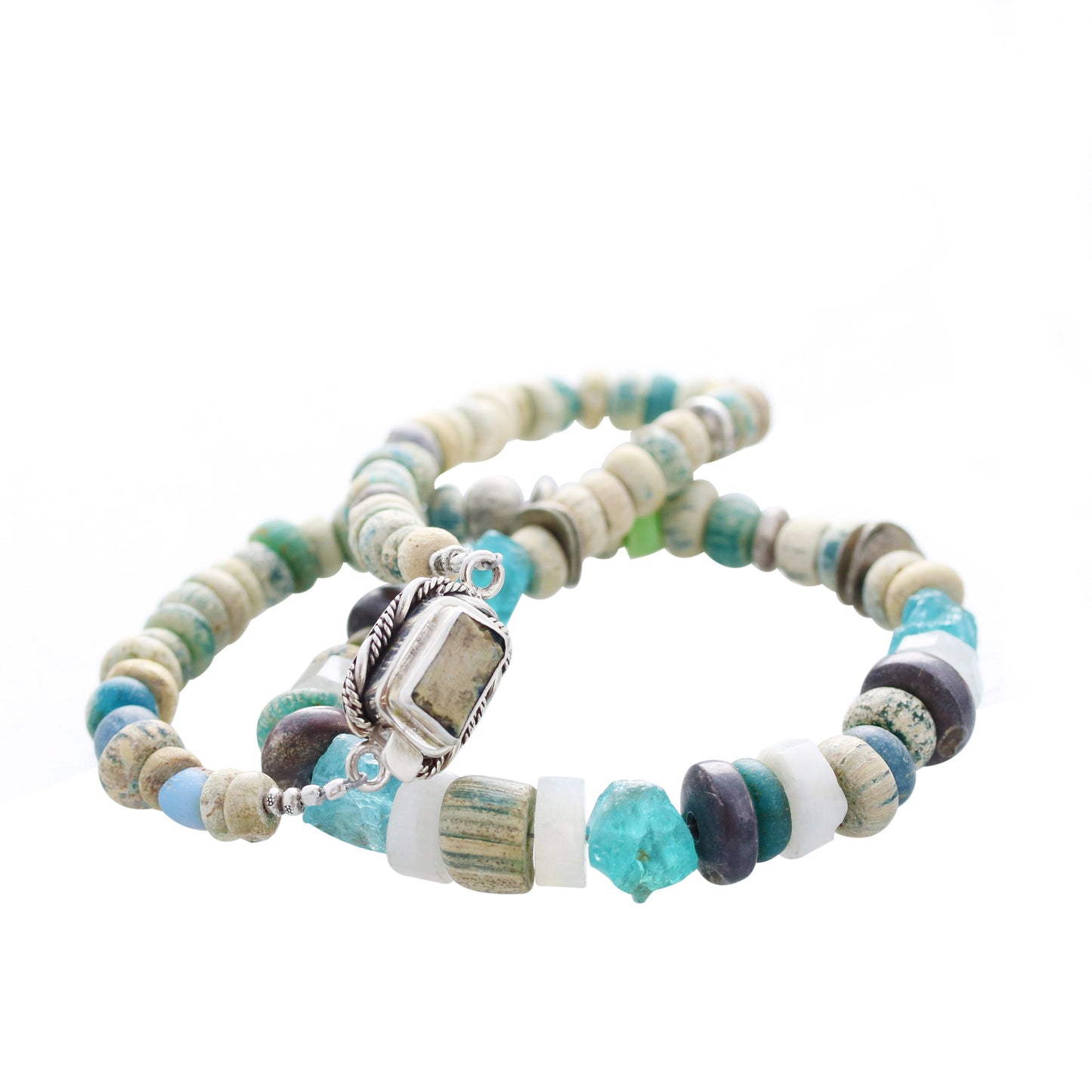 Ancient Mali Dig Beads Necklace Sterling And Apatite, -NewWorldGems