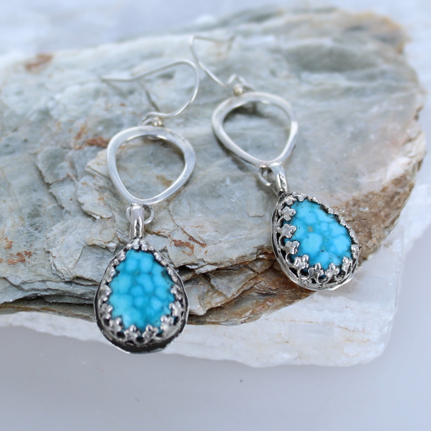 AAA Kingman Turquoise Earrings Waterweb Teardrops Sterling -NewWorldGems