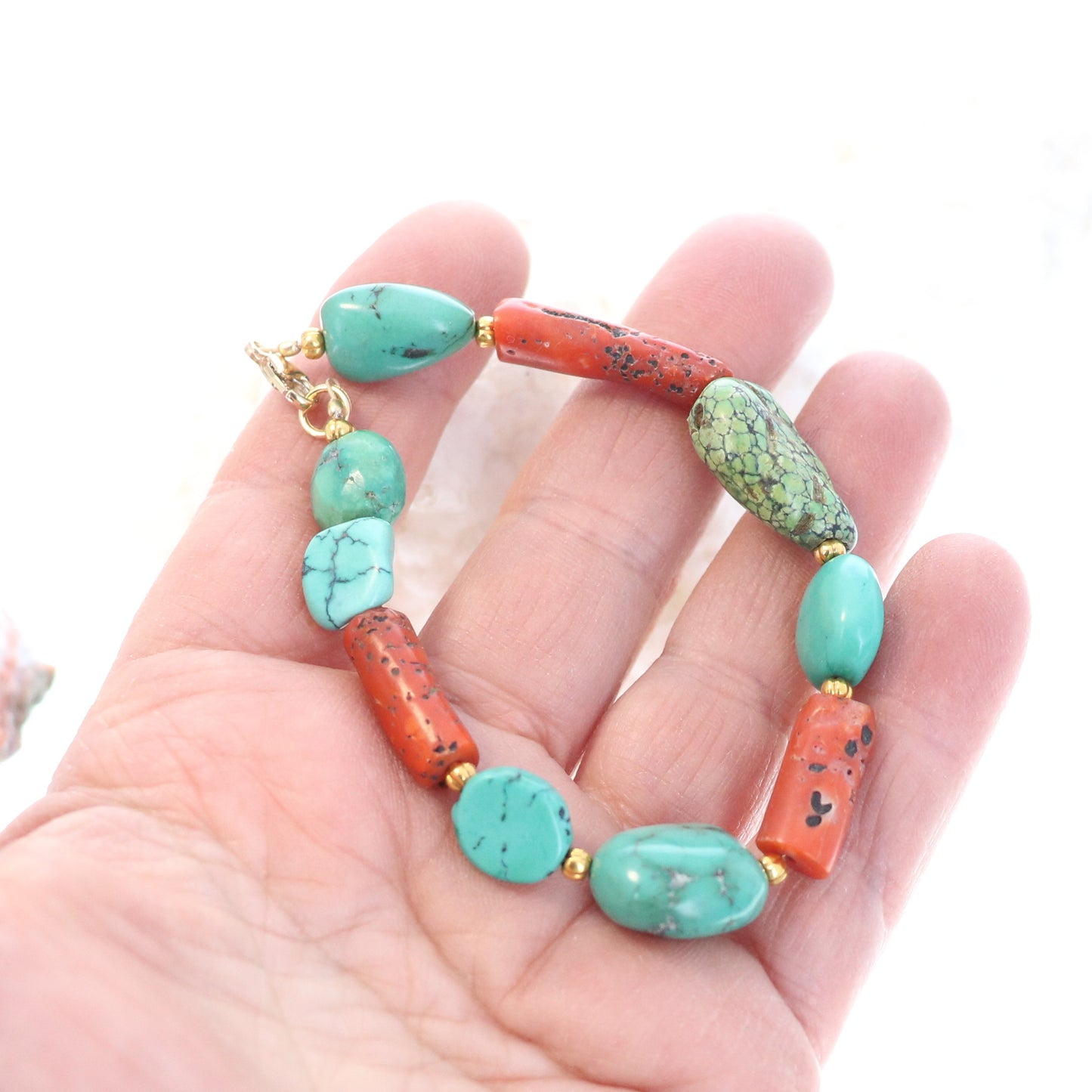 Antique Tibetan Turquoise with Coral Aand 18K Gold Bracelet #2 -NewWorldGems