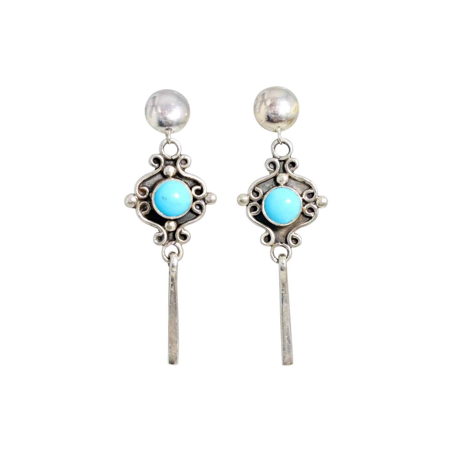 Sleeping Beauty Turquoise Earrings Sterling Scroll Design Dangles, -NewWorldGems