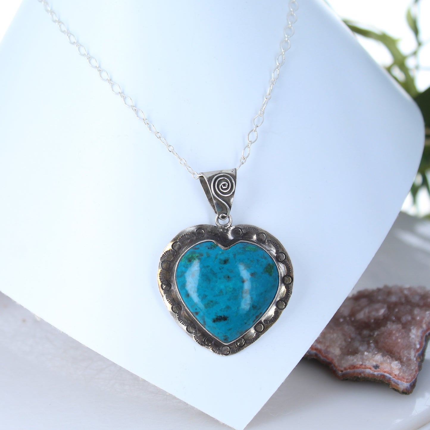 HEART PENDANT Chrysocolla Sterling Southwest Pendant Stamped Designs -NewWorldGems