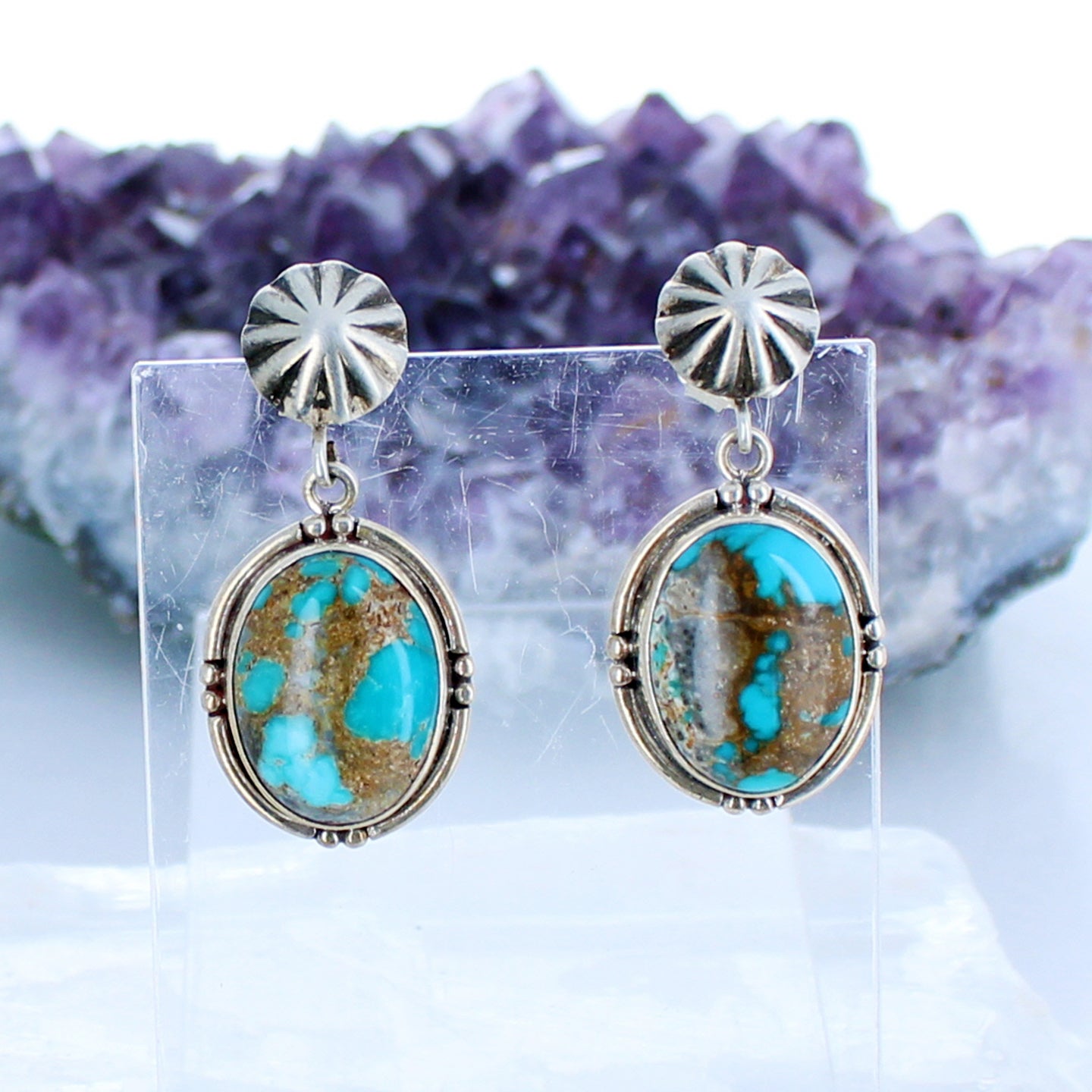 Carico Lake Turquoise Earrings Sterling Silver Blue Red Matrix Ovals -NewWorldGems