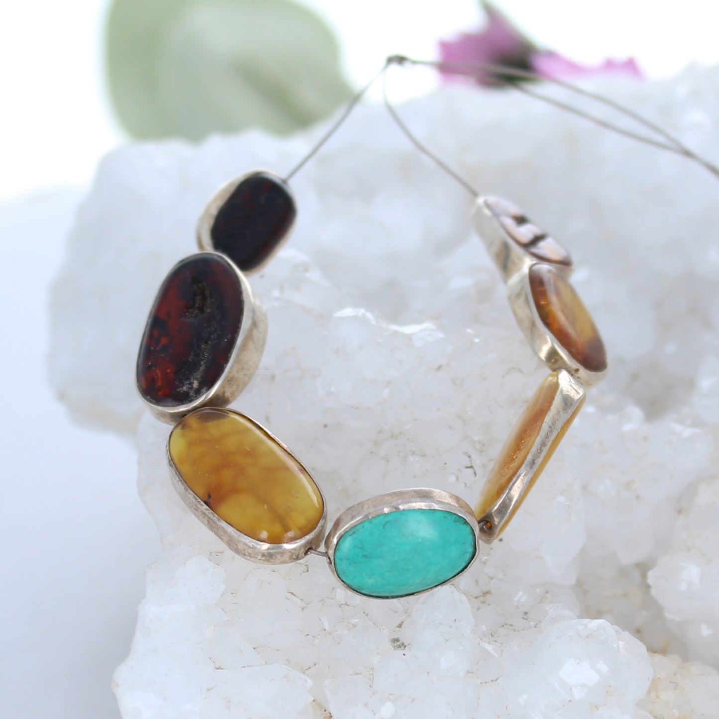 STERLING SILVER RIMMED Kingman Turquoise and Amber Beads -NewWorldGems