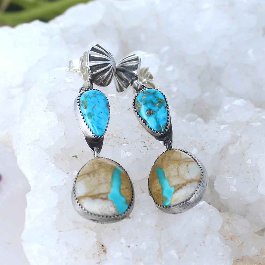 Royston Mine Earrings Elongated Ovals Southwest 2 Stone 2.5" -NewWorldGems