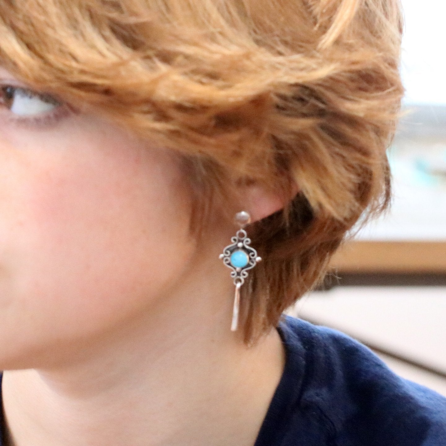 Sleeping Beauty Turquoise Earrings Sterling Scroll Design Dangles, -NewWorldGems
