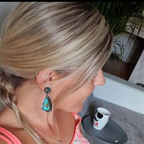 Royston Turquoise Earrings Emerald Green Golden Rainbow Oxidized -NewWorldGems