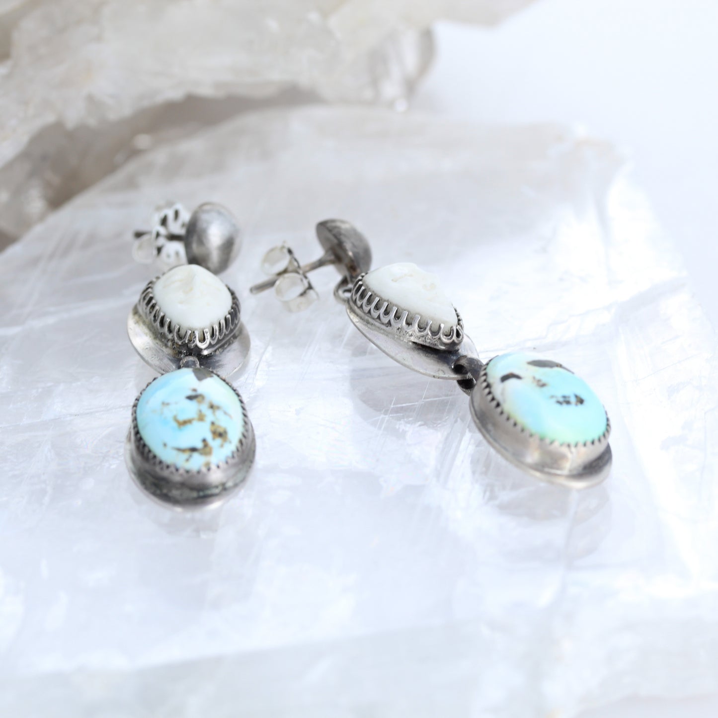 Rare Lone Mountain TURQUOISE EARRINGS Sterling Carved Moon Faces -NewWorldGems