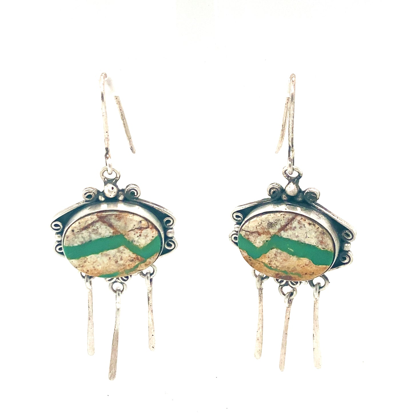 Royston Turquoise Sterling Silver Dangle Earrings Scroll Design -NewWorldGems