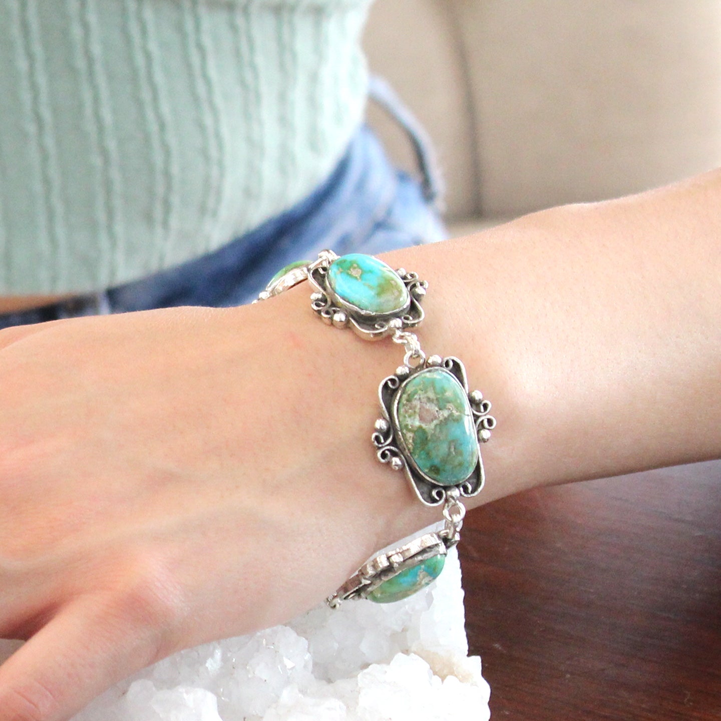 Sonoran MountainTurquoise Bracelet Sterling Scroll Design Multi Stone -NewWorldGems