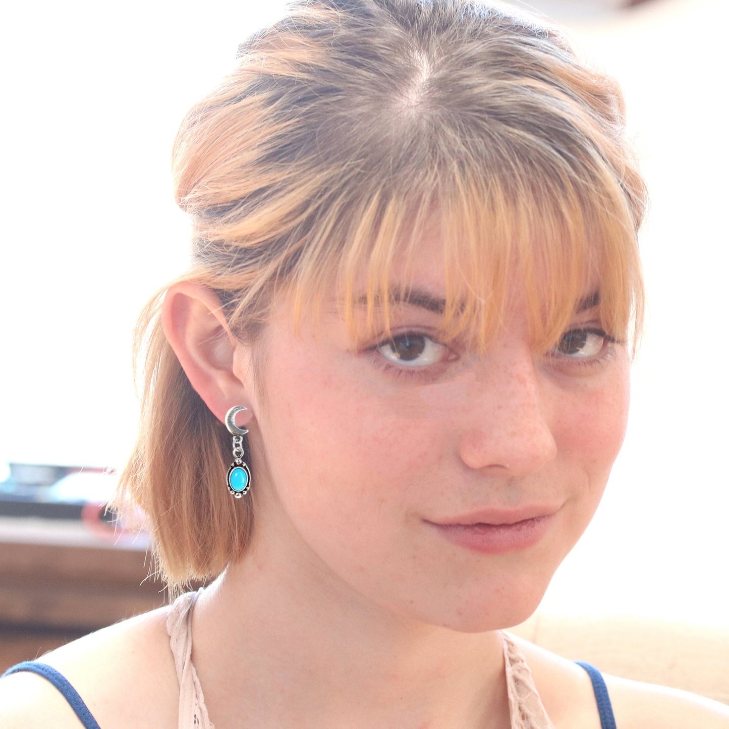 Sleeping Beauty Turquoise Earrings Moon Post Style Studs -NewWorldGems