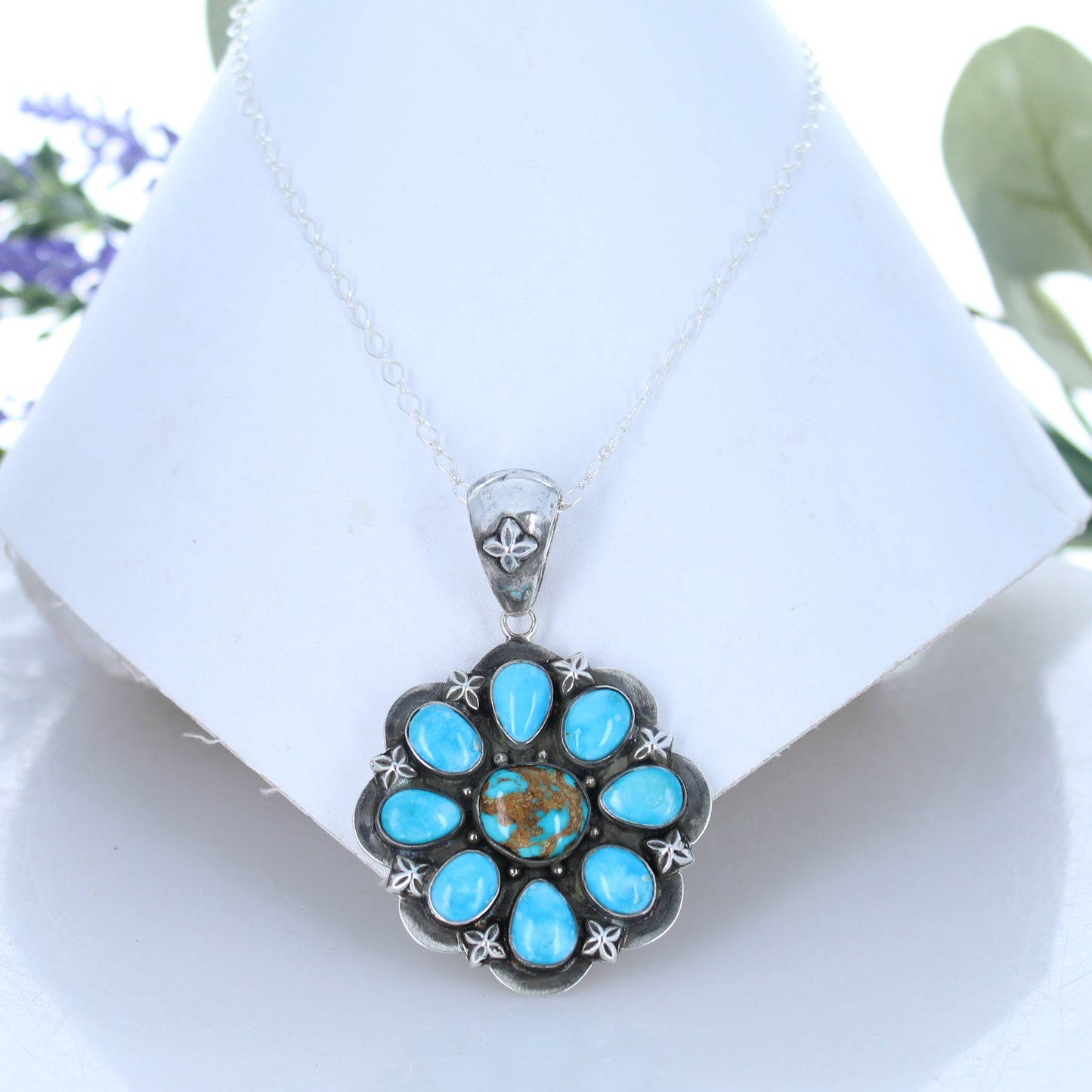 Blue Ridge Beauty Turquoise Pendant Sterling Silver 8 Petal -NewWorldGems