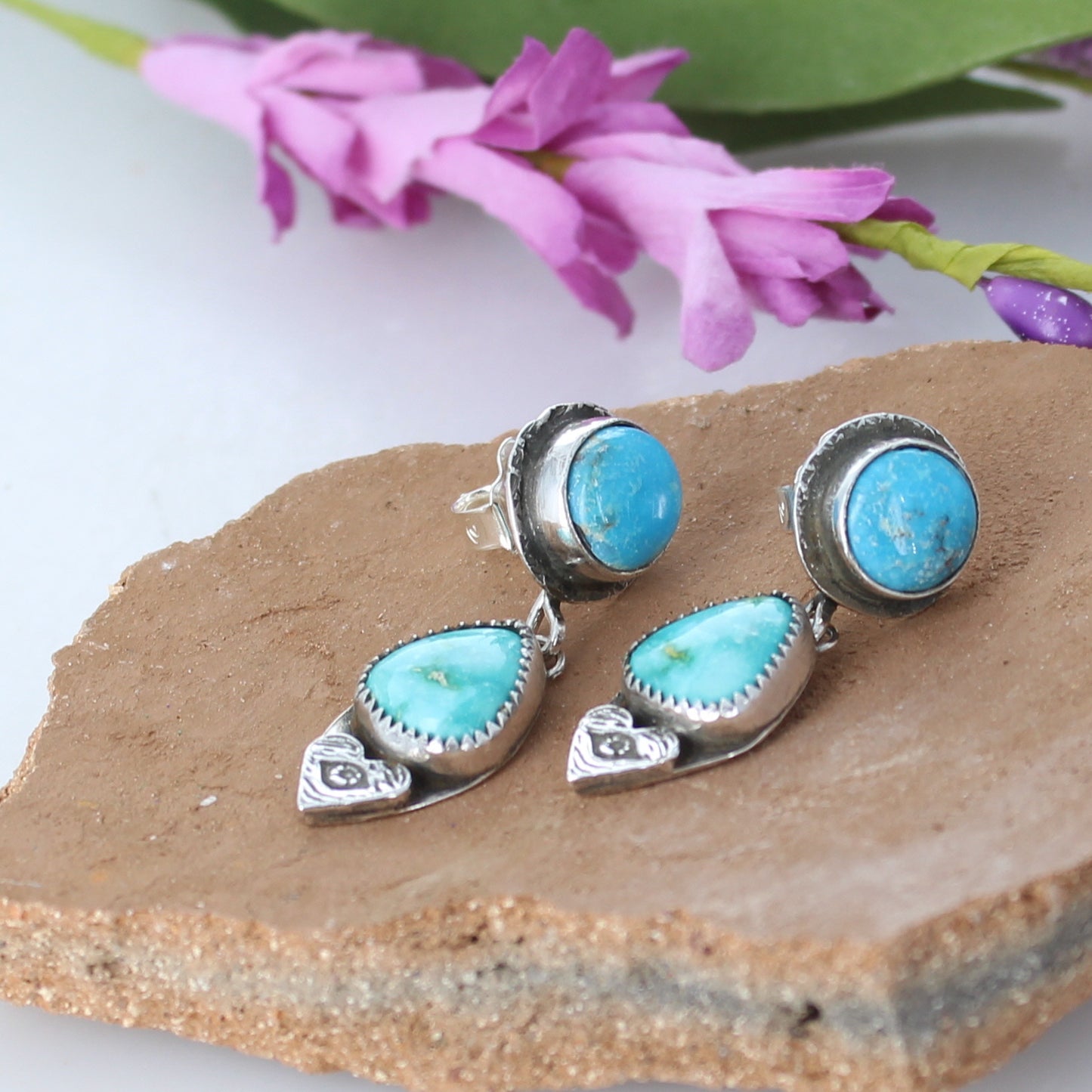 Sonoran Turquoise Earrings Lime Green Blue Sterling 2 Stone -NewWorldGems