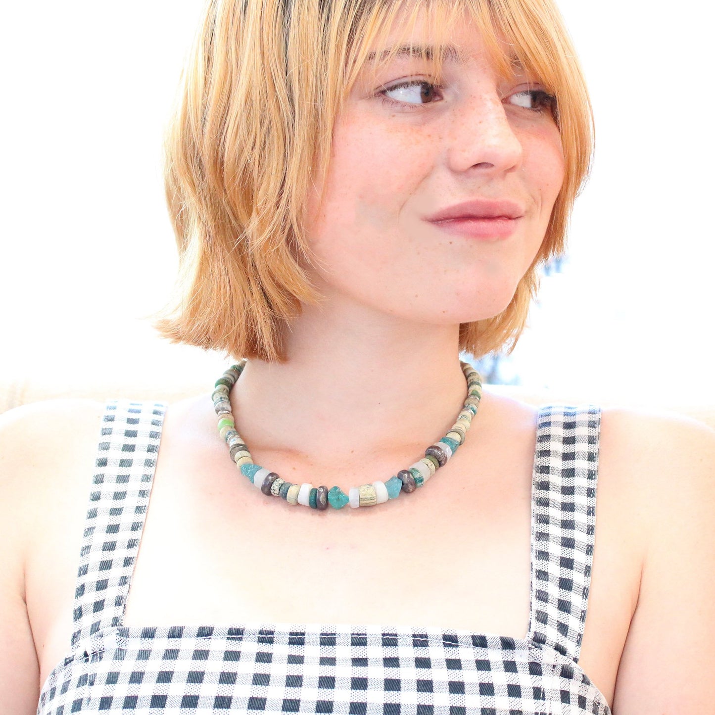 Ancient Mali Dig Beads Necklace Sterling And Apatite, -NewWorldGems
