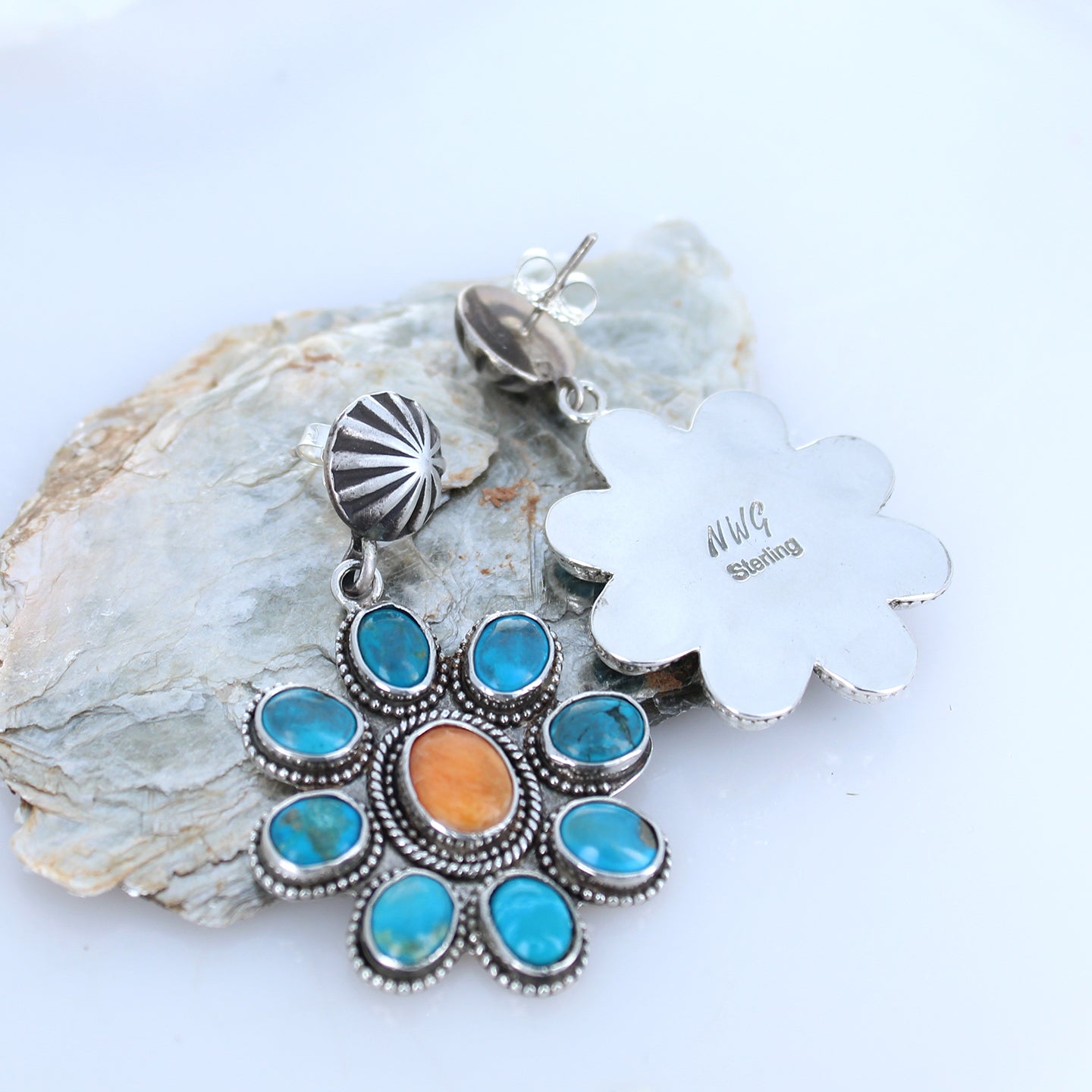 Kingman Turquoise Spiny Oyster Earrings Sterling 9 Stone Floral -NewWorldGems
