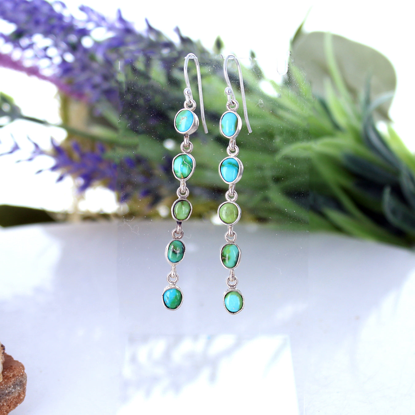 SONORAN Blue Green TURQUOISE Earrings 5 Stone Sweeping 3.5" -NewWorldGems