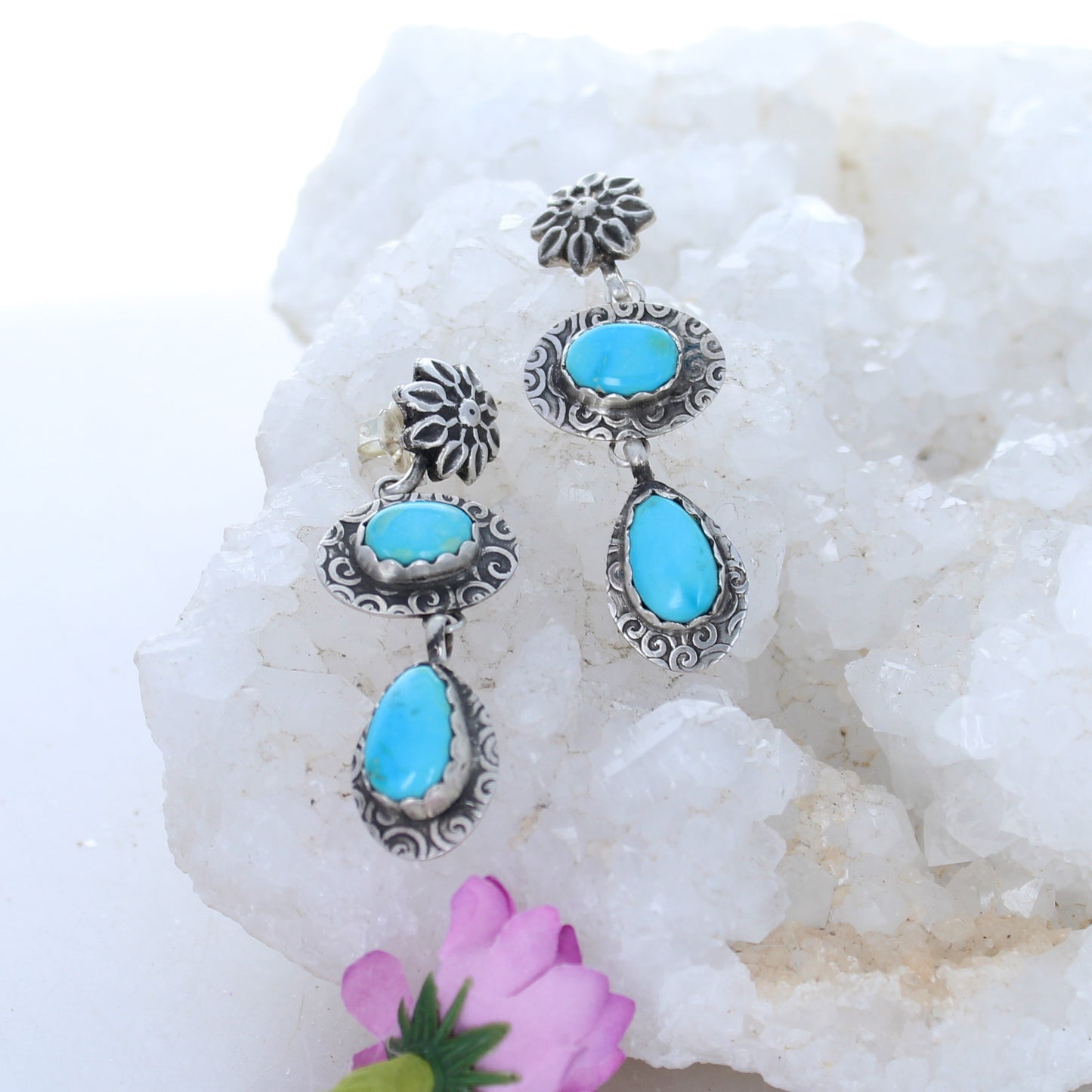 Blue Ridge Turquoise Earrings 2 Stone Blue Spiral Design Sterling -NewWorldGems