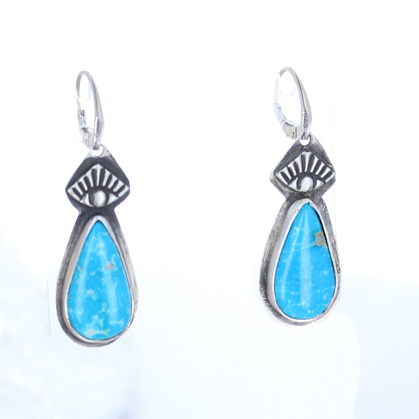 Blue Ridge Turquoise Earrings Sterling Silver Teardrops Protective Eye -NewWorldGems