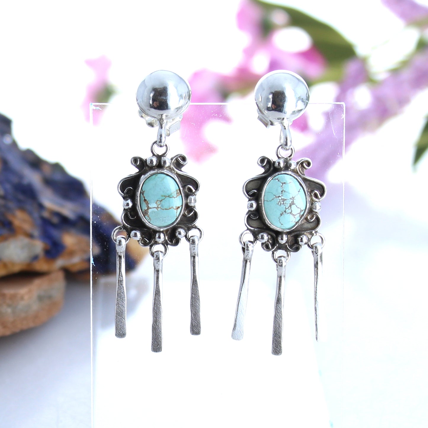 Blue Carico Lake Turquoise Earrings Scroll Design Dangle -NewWorldGems