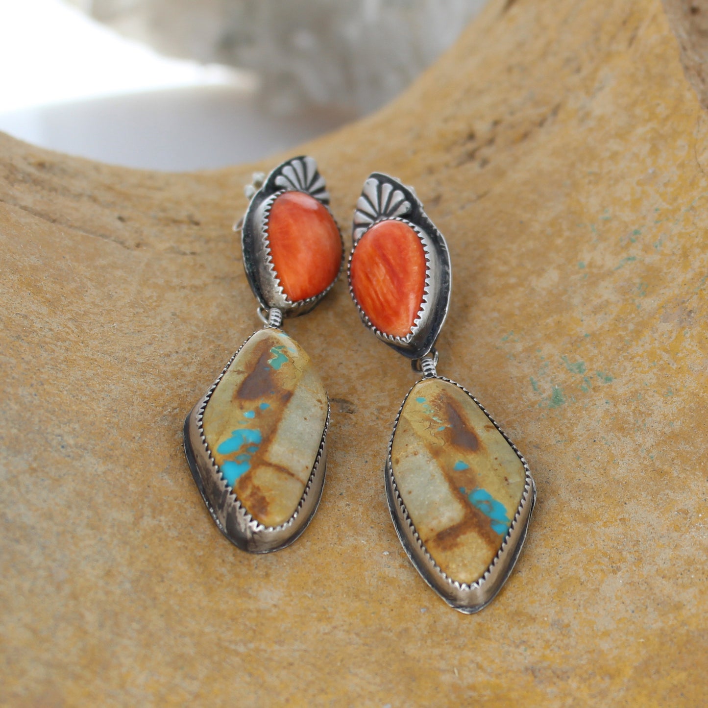 Dramatic Royston Turquoise Orange Spiny Oyster Earrings Southwest -NewWorldGems
