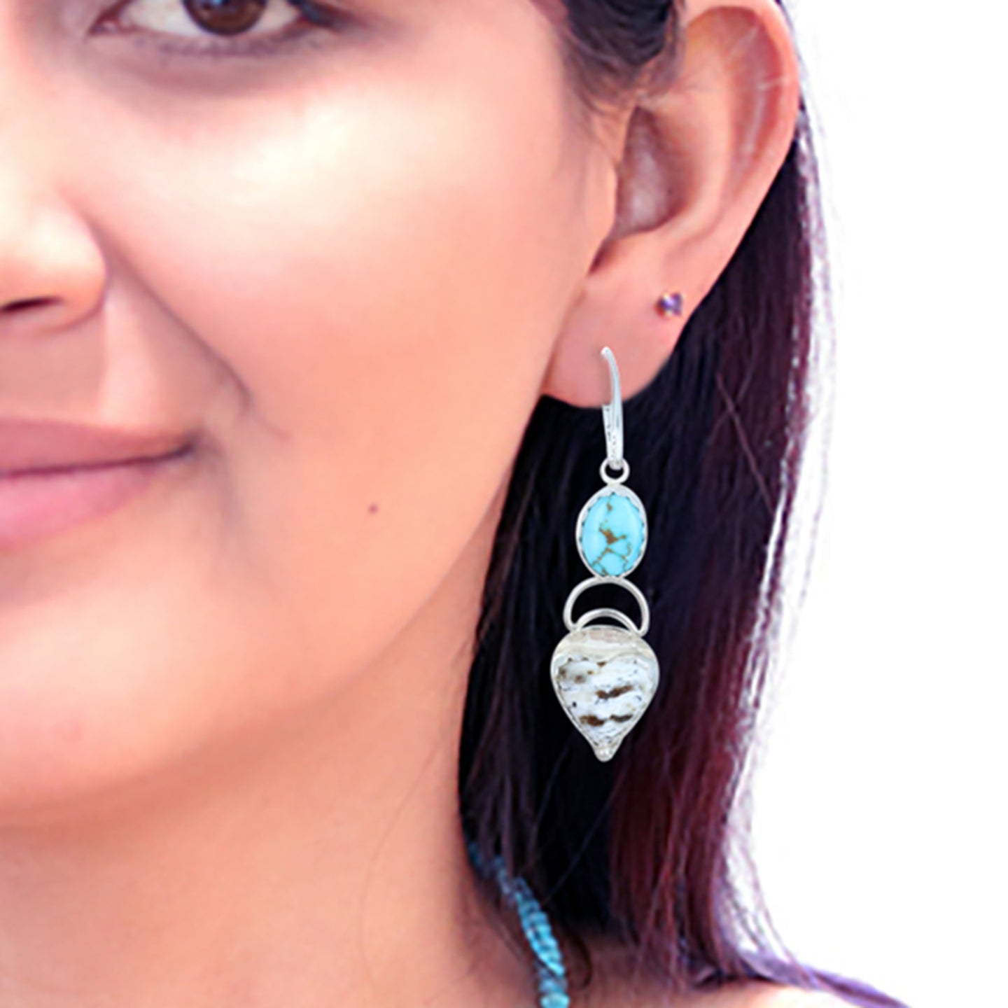 Moon Hearts Carico Lake and White Buffalo Turquoise Earrings Sterling -NewWorldGems