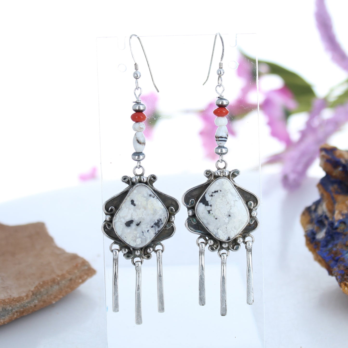 Rare White Buffalo Turquoise Earrings Sterling Scroll Design with Coral -NewWorldGems