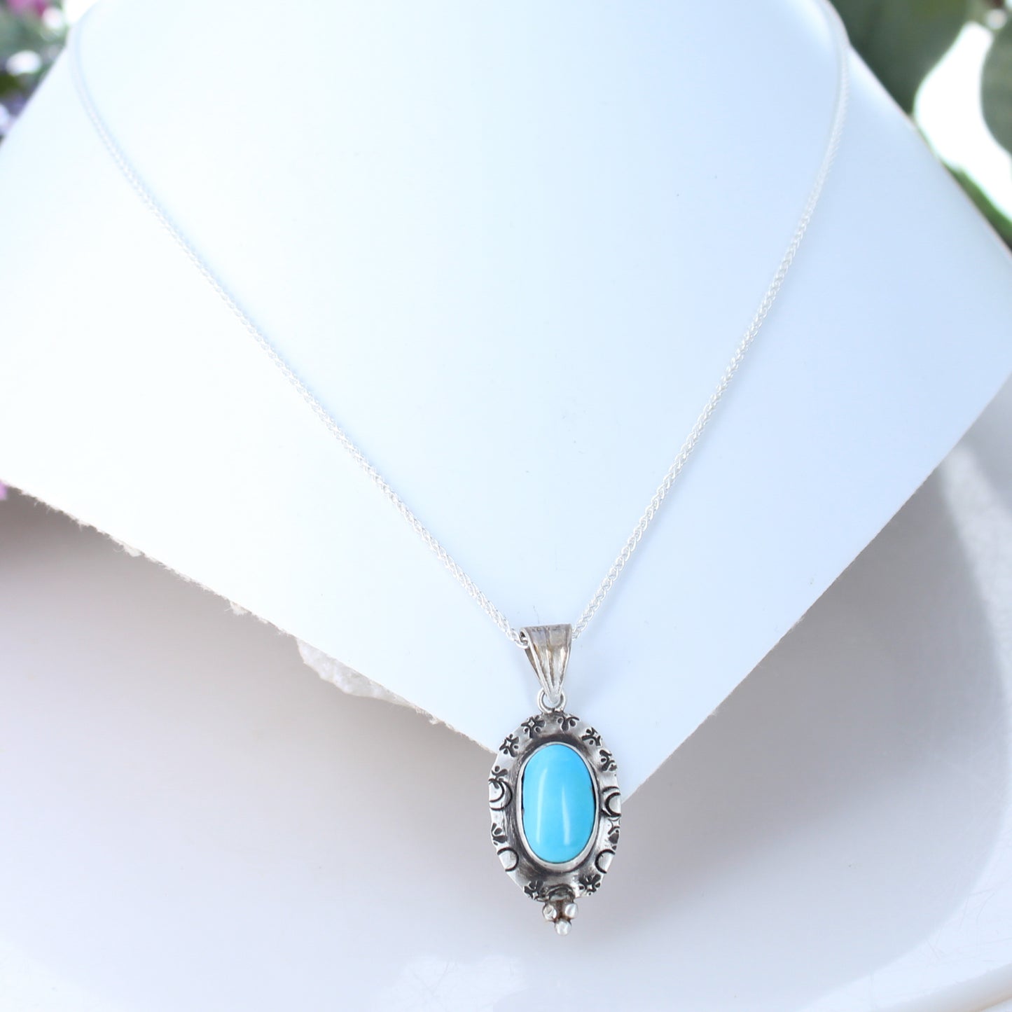 SLEEPING BEAUTY Turquoise Elongated Oval Pendant Sterling Stamped -NewWorldGems