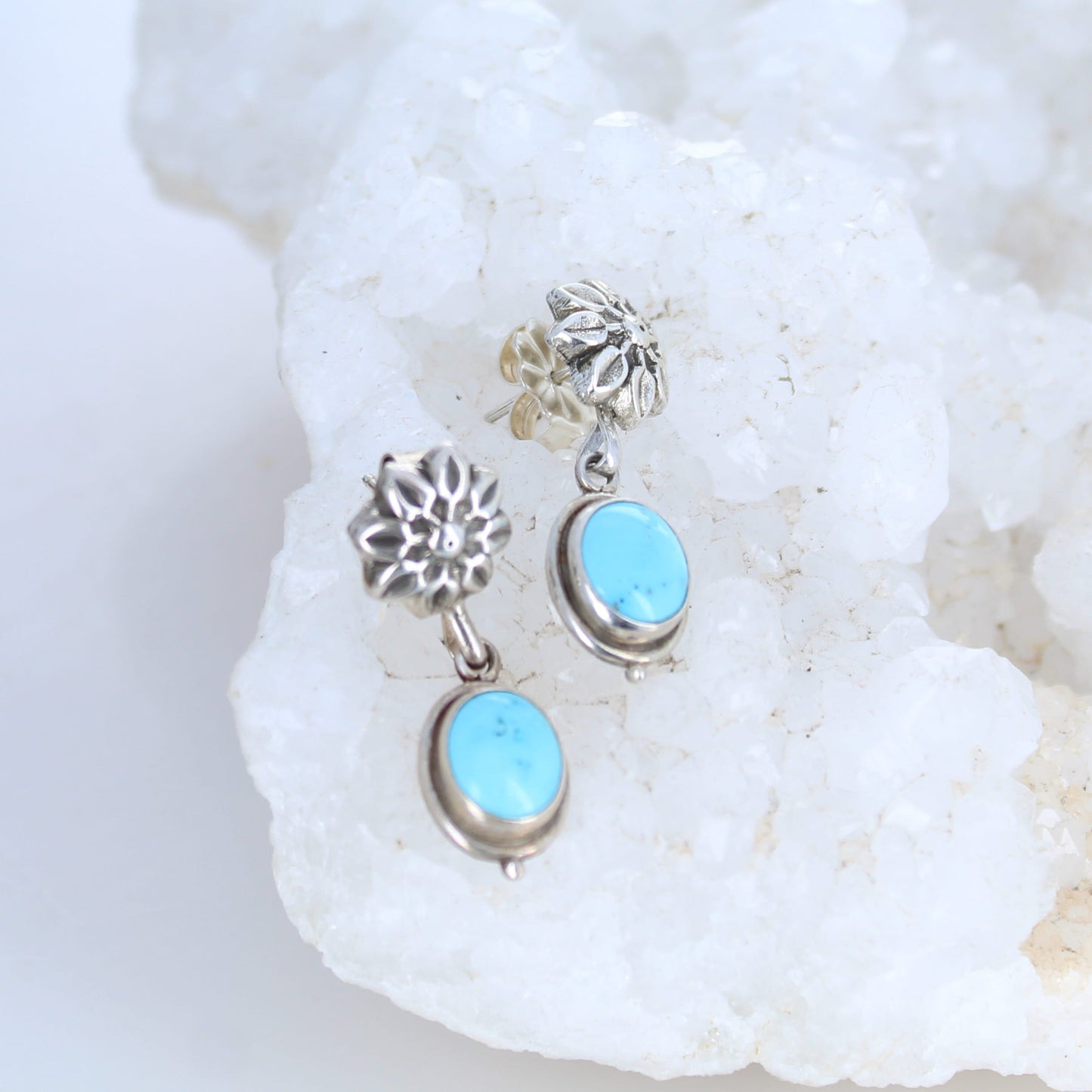 Sky Blue Campitos Turquoise Earrings Flower Posts Oval Stone