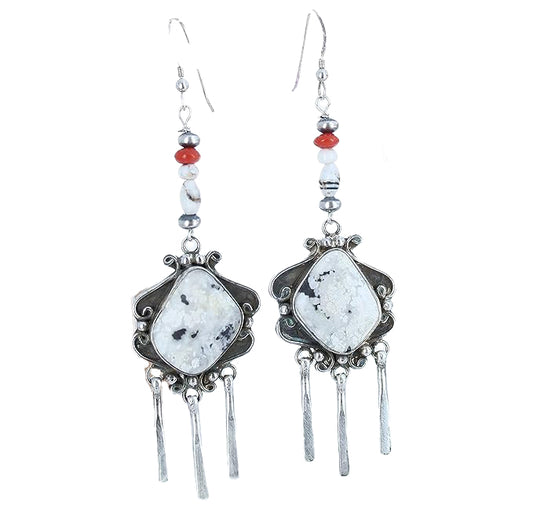 Rare White Buffalo Turquoise Earrings Sterling Scroll Design with Coral
