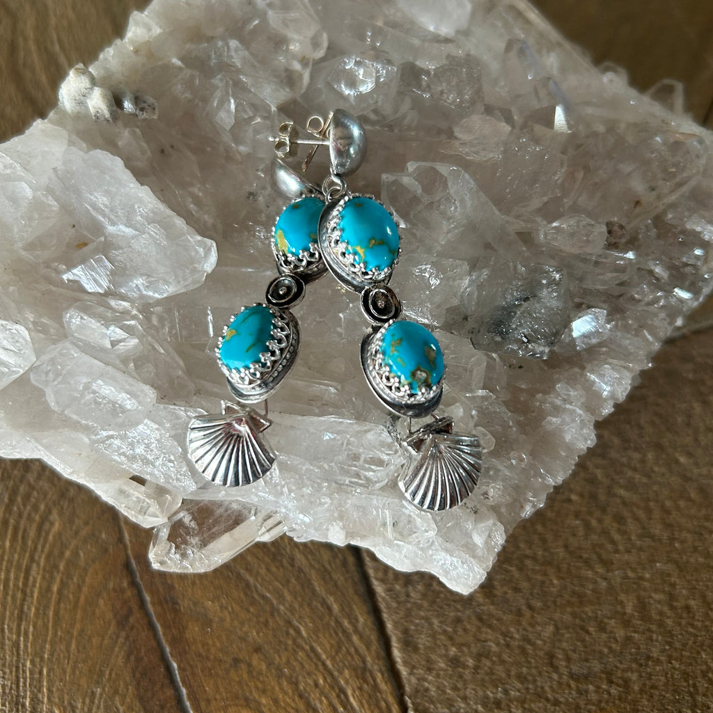 AAA Blue Sonoran Rose Turquoise Earrings 2 Stone Sterling Shells